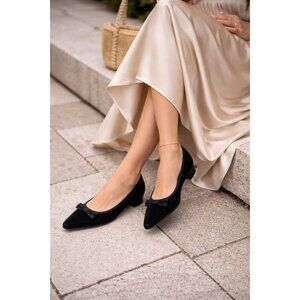 Fabio Rusconi Black Velvet Bow Ballet Flats Pointed Toe Low Heel Italy EU 38